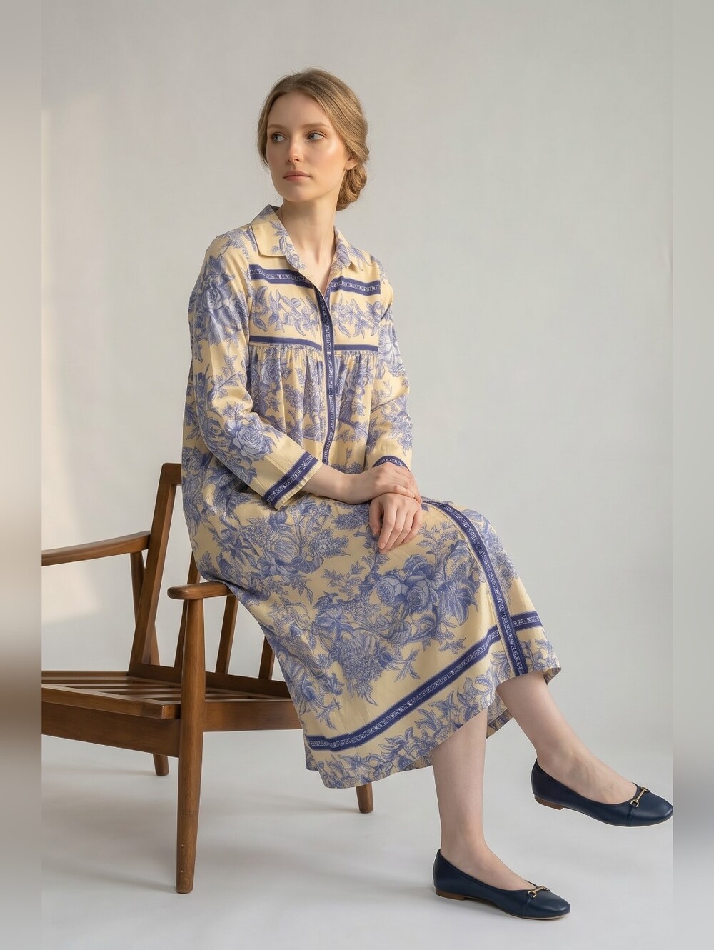 Vintage Models Coat Yellow Blue Floral Toile Button Front Duster Shirt Dress - Picture 6 of 7